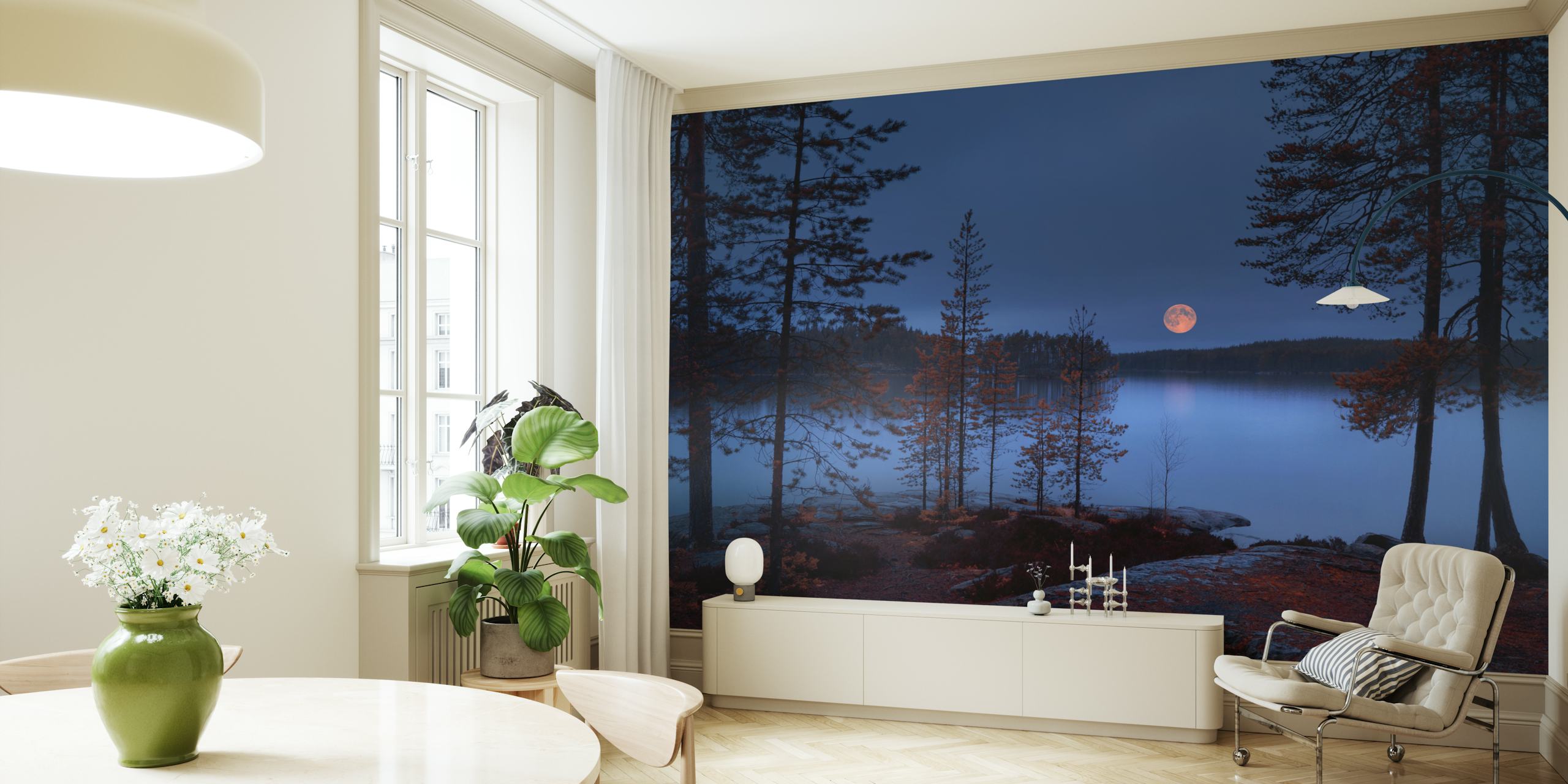 Moonlit landscape with red moon, trees, and water wallpaper